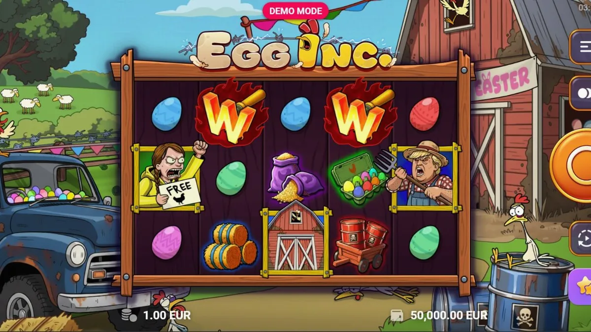 Tampilan visual slot Egg Inc. dengan tema peternakan kartun yang penuh warna