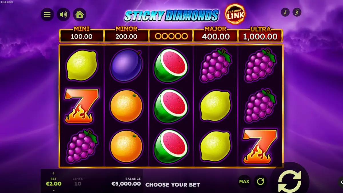 Tampilan antarmuka permainan slot Sticky Diamonds Flaming Link dengan simbol permata dan api.